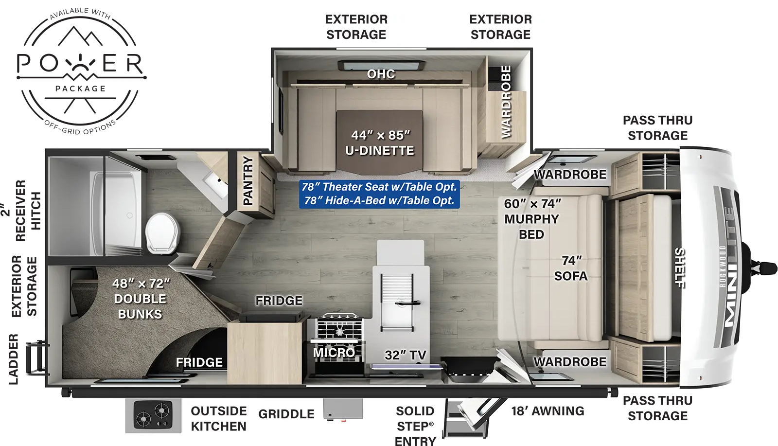 The Rockwood Mini Lite 2509S floorplan has one entry and one slide out. Exterior features include: fiberglass exterior, 18' awning and outside kitchen. Interiors features include: bunk beds, u-dinette and murphy bed.